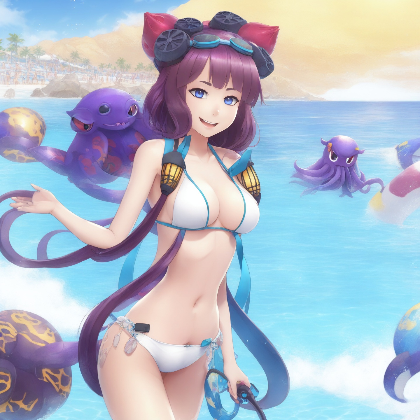 <lora:hokusai:1>1girl, katsushika hokusai \(fate\), octopus, goggles on head, breasts, goggles, tokitarou \(fate\), white bikini, purple hair, swimsuit, bikini, looking at viewer, hair ornament, collarbone, long hair, cleavage, blush, bare shoulders, sidelocks, smile, purple eyes, large breasts, tongue, blue eyes, tongue out