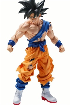 ((HRD, HUD, 8K)),((masterpiece, best quality)), highly detailed,Handmade, 1boy, male focus, solo, blonde hair, son goku, super saiyan, torn clothes, super saiyan 1, white background, spiked hair, dougi, wristband, full body, simple background, muscular, boots, clenched hands, <lora:20240316-1710599536818:0.8>