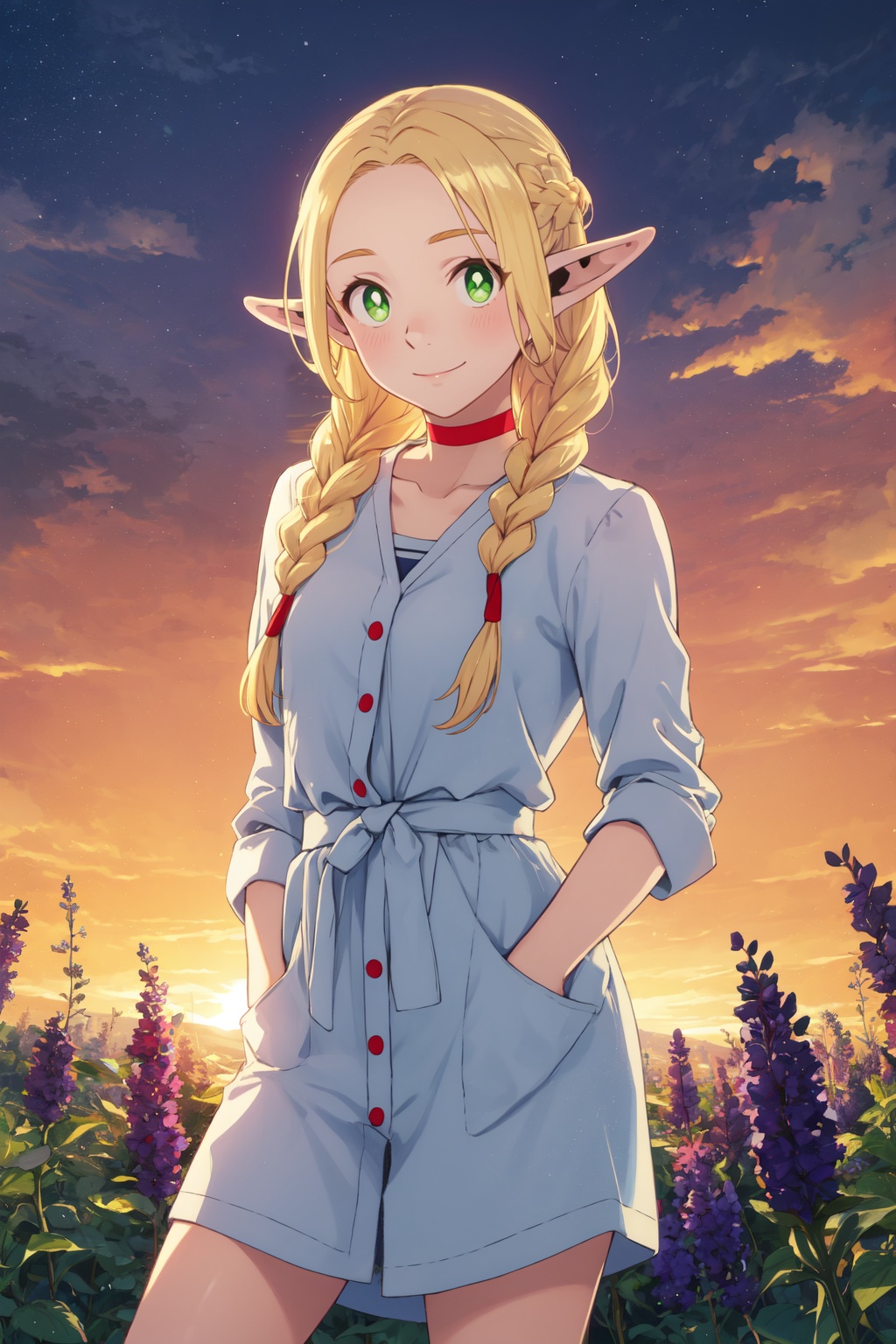 <lora:Marcille:0.7:lbw=midd>,marcille_cyql,1girl,looking at viewer,solo,elf,blonde hair,pointy ears,long hair,green eyes,braid,choker,twin braids,red choker,Button-down midi sundress with a cinched waist and pockets,Flirty, A playful smile, arched eyebrows, and a slightly tilted head.,full_shot,beautiful face,beautiful eyes,glossy skin,shiny skin,Lavender, Fields, Purple, Fragrance, Bees, Horizon, Serenity, Sunset,(Olive trees, Sea views, Whitewashed buildings, Olive harvest, Aegean breeze, Greek charm:0.6),beautiful detailed sky,beautiful detailed glow,posing in front of a colorful and dynamic background,masterpiece,best quality,beautiful and aesthetic,contrapposto,female focus,wallpaper,fashion,