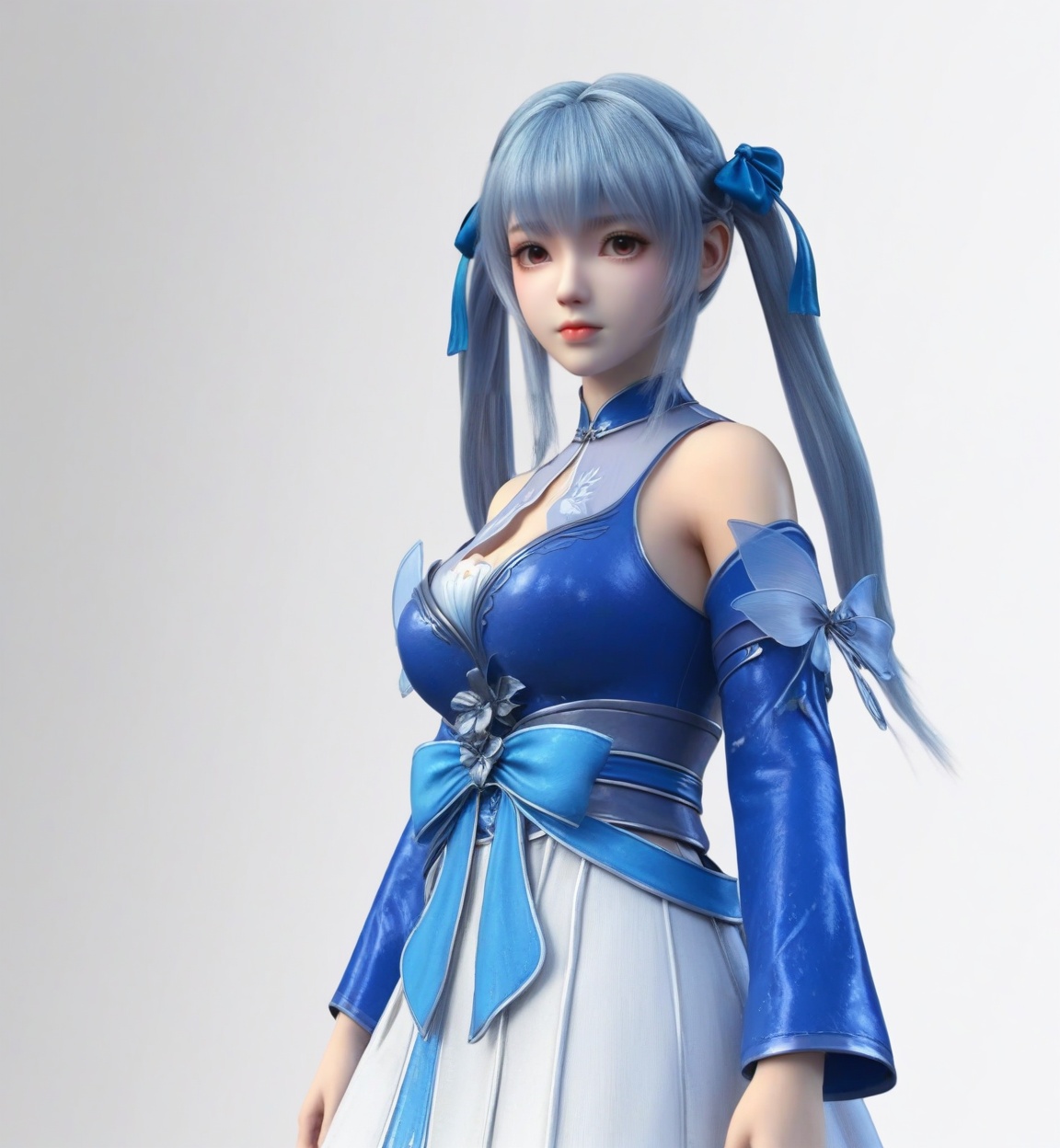 score_9,<lora:SF_LinQingTan_Pony_Realism-000003:0.7>,1girl,solo,clothes,detached sleeves,bangs,blue hair,large breasts,twintails,standing,long hair,skirt,fair_skin,white_skin,Ivory_skin,hair bow,hair ribbon,looking at viewer,white background,