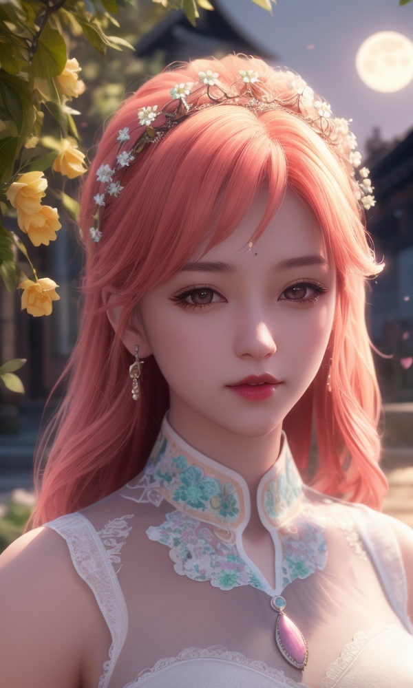 (,1girl, ,best quality, ),looking at viewer, <lora:368-DA-沧元图-柳七月-凤凰变身:0.6>,ultra detailed background,ultra detailed background,ultra realistic 8k cg, , ,masterpiece, (( , )),, ultra realistic 8k cg, ,tamari \(flawless\),     ,lily \(flower\) ,full moon ,strawberry blossoms      (()), (),