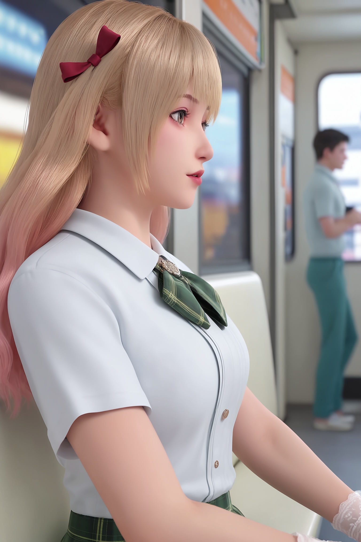 solo,1girl,solo focus,(perfect_anatomy:1.1),(upper_body:1.2),(portrait:1.1),sitting,(train_interior:1.1),(blurry_background:1.2),score_9,<lora:反派初始化-乔伊-校服Pony:0.7>,long,light blonde hair,red ribbon,a white,short-sleeved blouse,high collar,neatly tucked into a green plaid skirt,large green plaid bow tied,school uniform,white lace cuff,