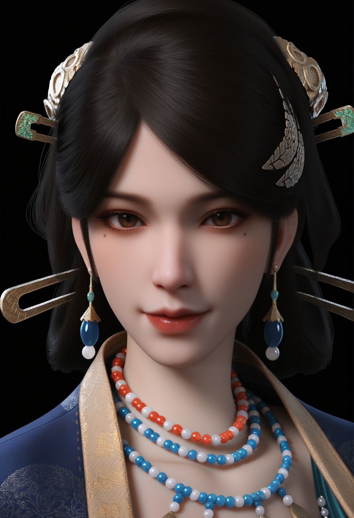 (score_9),portrait,(close-up),solo focus,(eye focus),<lora:温洛玉-apony:0.83>,wengluoyu,solo,1girl,brown eyes,hair stick,black hair,earrings,hair ornament,updo,hair stick,mole under eye,mole,beads,bead necklace,mature_female,BREAK<lora:Expressive_H-000001:0.8>,light blush,Expressiveh,looking at viewer,seductive_smile,fair_skin,(pale skin),ultra-detailed skin texture,detailed textures,BREAKsimple background,black background,<lora:e色温:0.25>,4K ultra HD,sharp focus,high detail,high contrast,