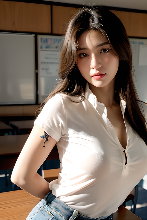 masterpiece,best quality,absurdres,highres,4k,ray tracing,perfect face,perfect eyes,intricate details,highly detailed,1girl,moyou,looking at viewer,sexy pose,(cowboy shot:1.2),classroom,arms behind back,<lora:Sexy Gym uniform:0.8>,shirt,buruma,red buruma,