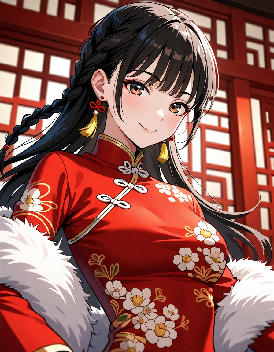 1girl,solo,smile,jewelry,brown eyes,looking at viewer,black hair,chinese new year,earrings,blurry,china dress,fur trim,long hair,long sleeves,bangs,indoors,red dress,braid,blurry background,depth of field,floral print,dynamic_pose,upper_body,dutch angle,Visual impact,extreme aesthetic,in the style of fashion photography,Emotionalization,
