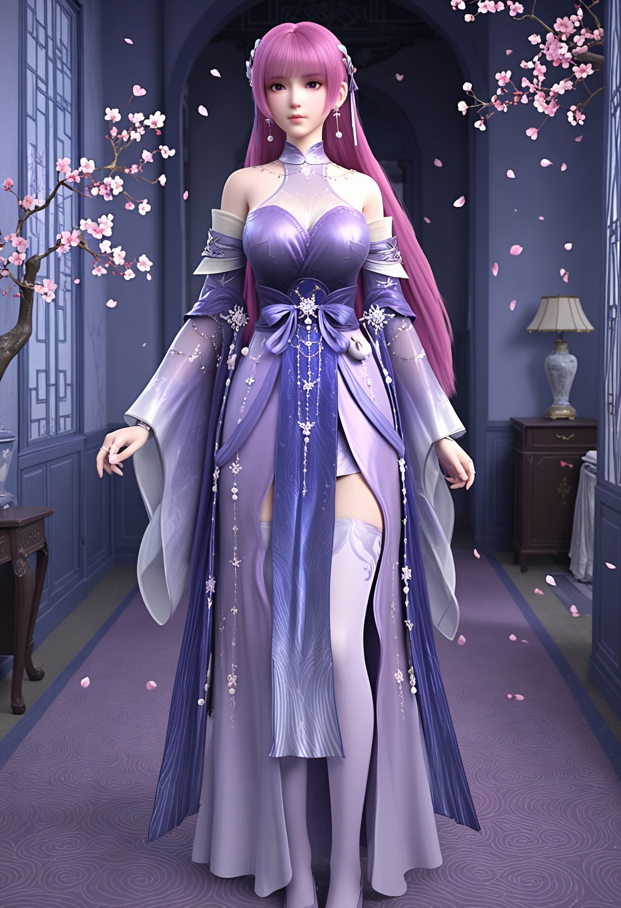 (standing full_body:1.1),(looking at viewer:1.1),masterpiece,(best quality),smog,Dark room,dim lighting,peach blossom,falling petals,<lora:YQ_Illustrious光辉v5_叶紫芸_V1:0.8>,q1528437228,1girl,solo,long hair,hair ornament,jewelry,chinese clothes,dress,earrings,pink hair,purple hair,purple eyes,detached sleeves,blunt bangs,pantyhose,thighhighs,pink eyes,ribbon,wide sleeves,hair ribbon,very long hair,necklace,ring,see-through,shoes,