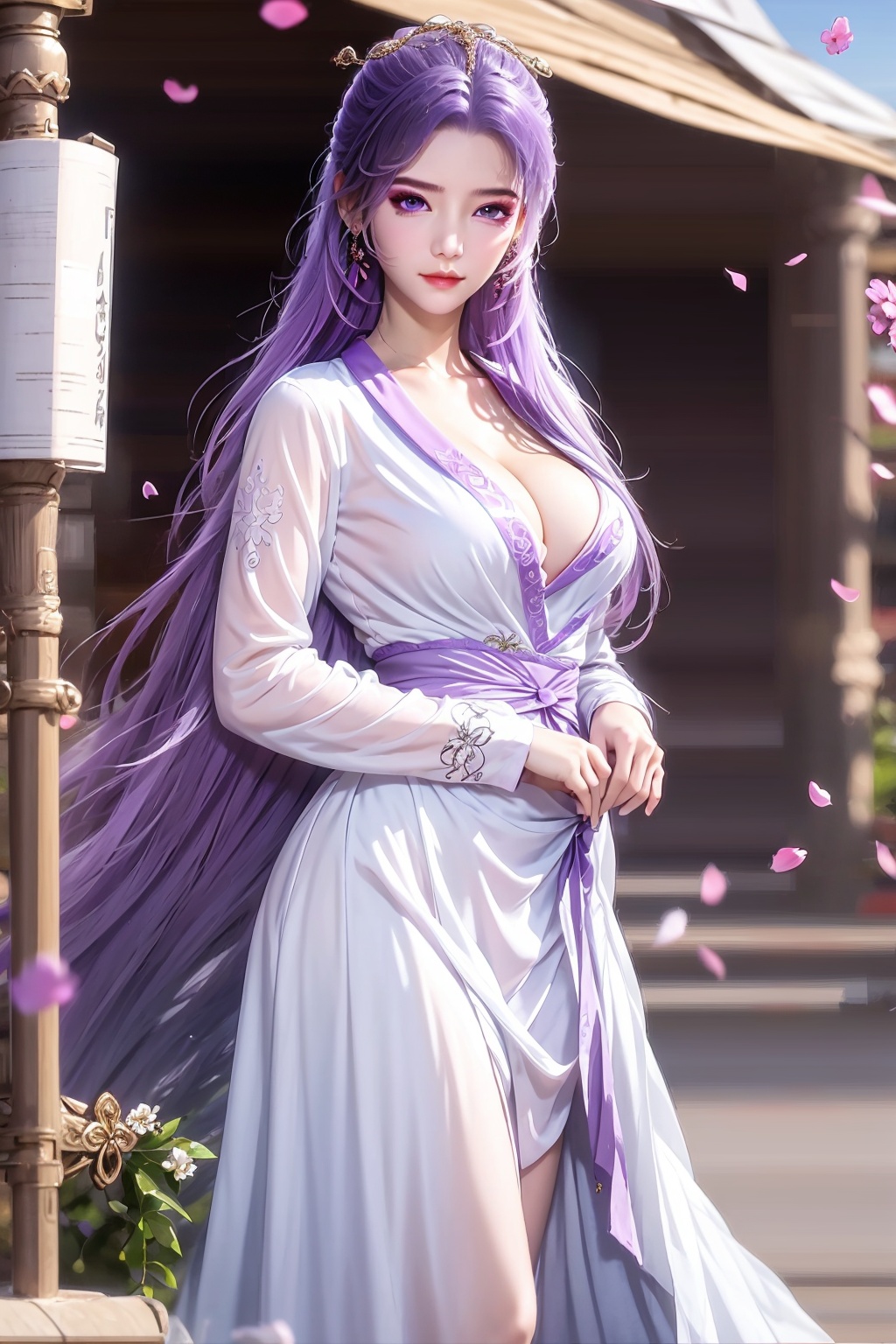 1girl,jewelry,earrings,breasts,purple hair,solo,long hair,purple eyes,dress,flower,looking at viewer,outdoors,hair ornament,cleavage,day,long sleeves,building,white dress,chinese clothes,sky,closed mouth,<lora:SD1.5自用云霄:1>,