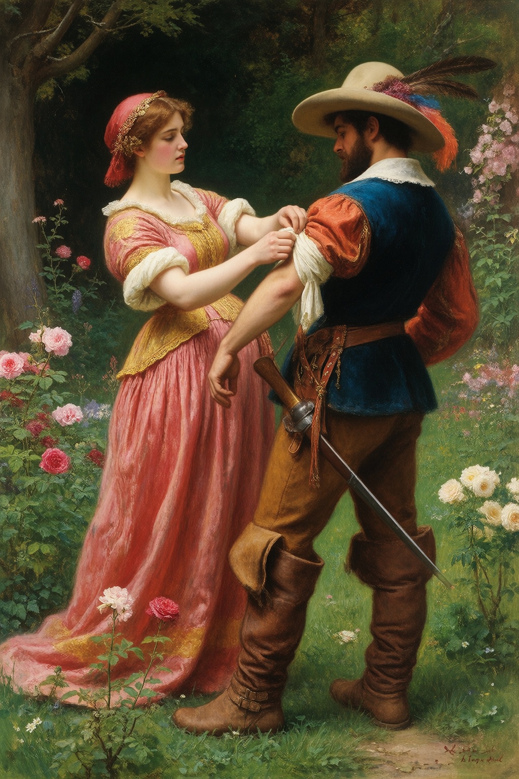 In the style of John Everett Millais,  A Huguenot couple in garden,  woman tying white cloth on lover's arm on Tensor.Art