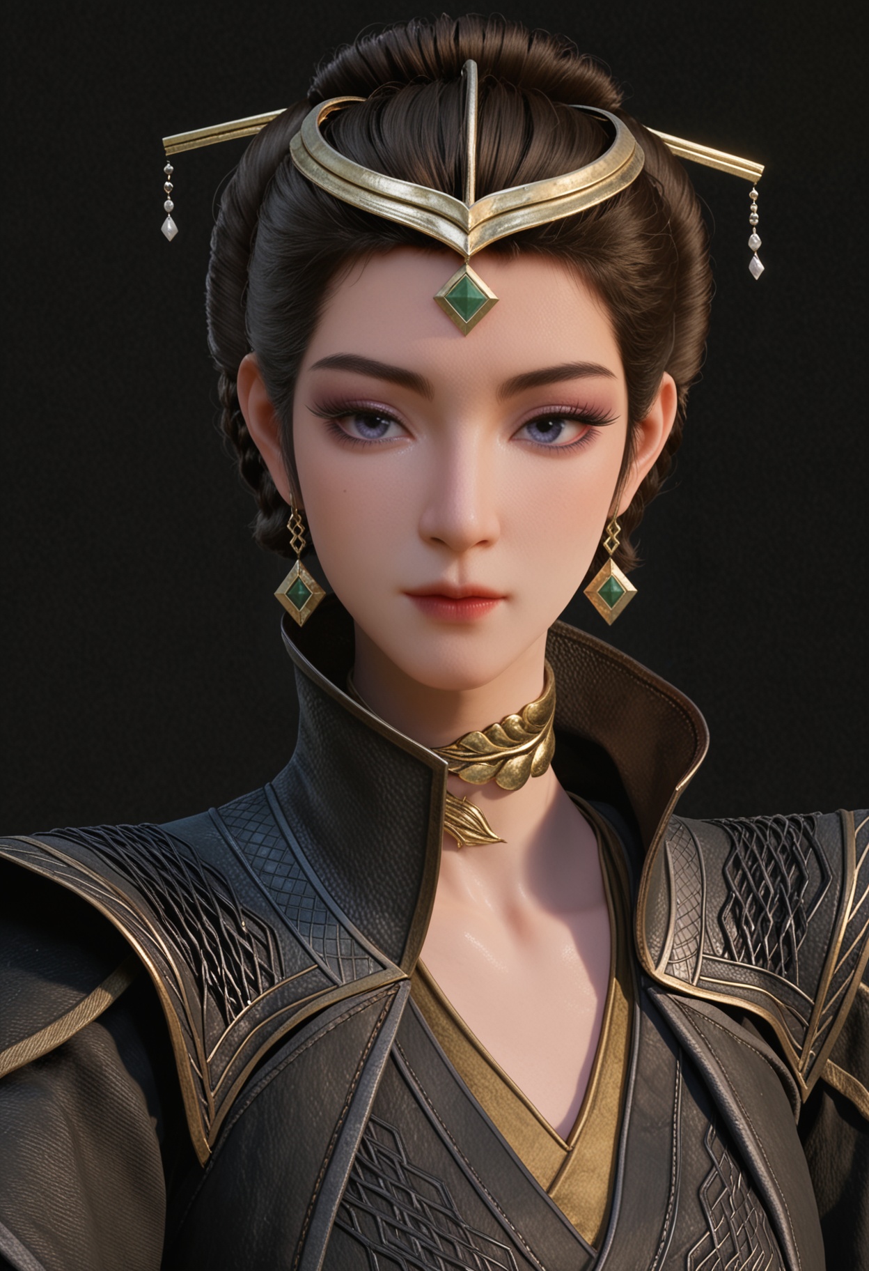 (upper_body:1.2),score_9,score_8_up,masterpiece,(best quality),intricate details,facing viewer,(looking at viewer:1.1),<lora:YQ_pony_wenfuren_V4:0.8>,q1528437228,1girl,jewelry,solo,earrings,black hair,hair ornament,bracelet,brown hair,blue eyes,updo,braid,circlet,long hair,hair bun,wide sleeves,cape,eyeshadow,purple eyes,dress,necklace,gem,grey eyes,robe,short hair,single hair bun,tiara,chinese clothes,hair stick,black dress,BREAK(score_9:1.2),(score_8_up:1.2),masterpiece,best quality,very aesthetic,perfect anatomy,(hourglass),perfect face,(simple background,pure black background,black background:1.1),fair_skin,(shiny_skin:1.1),Ivory_skin,