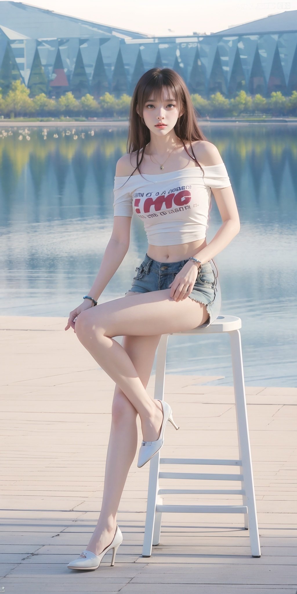 <lora:LM_20240203211837-000005:0.75>,LM,1girl,solo,shorts,shirt,navel,midriff,long hair,outdoors,looking at viewer,white footwear,brown eyes,brown hair,short shorts,white shirt,black hair,high heels,t-shirt,blurry,day,realistic,denim,jewelry,bracelet,off shoulder,off-shoulder shirt,bangs,denim shorts,cutoffs,<lora:MHB:0.2>,, (raw photo:1.2),((photorealistic:1.4))best quality,masterpiece,illustration,an extremely delicate and beautiful,extremely detailed,CG,unity,8k wallpaper,Amazing,finely detail,masterpiece,best quality,official art,extremely detailed CG unity 8k wallpaper,absurdres,incredibly absurdres,huge filesize,ultra-detailed,highres,extremely detailed,beautiful detailed girl,cinematic lighting,1girl,pale skin,tall female,(perfect body shape),skinny body,Slender legs,, pale skin,tall man,long legs,thin leg,