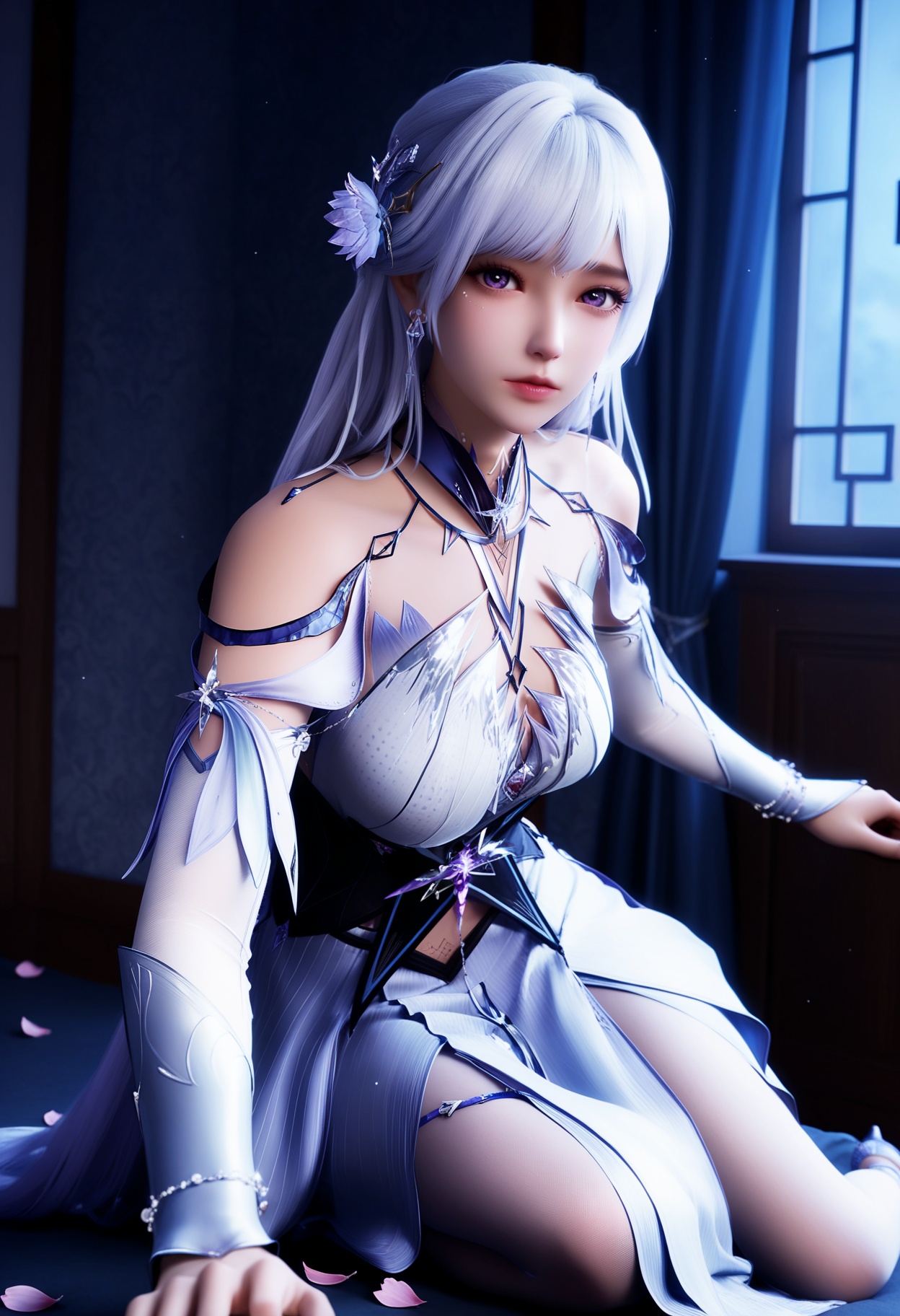 masterpiece,best quality,amazing quality,high resolution,ultra-detailed,absurdres,high res,8K,(looking at viewer:1.1),upper body,(Dark room:1.3),(moody lighting:1.1),falling petals,(large breasts:0.8),shengcaiersjcf,1girl,solo,long hair,hair ornament,white hair,jewelry,purple eyes,earrings,realistic,dress,bare shoulders,hair flower,white dress,lips,nose,pantyhose,strapless,long_dress,strappy heels,high_heels BREAK photorealistic details,<lora:QQSillshengcaiersjcfV1:0.8>,