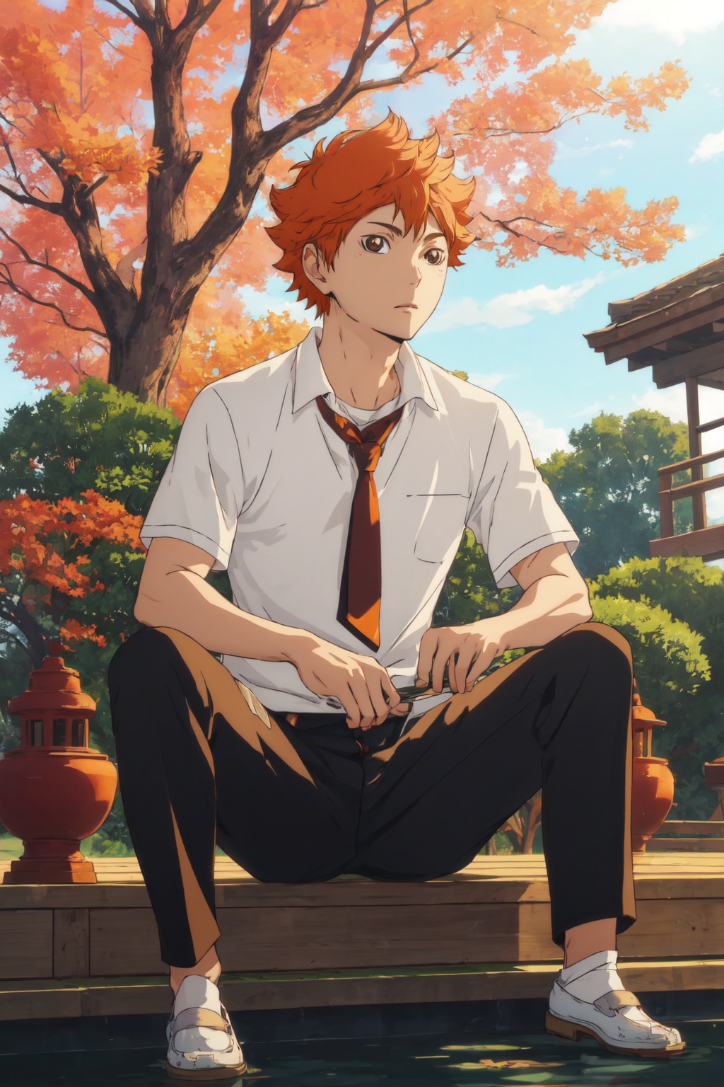 <lora:Hinata-000013:0.8>,Hinata CYQL,1boy,male focus,looking at viewer,solo,orange hair,short hair,brown eyes,double-breasted pinstripe suit, french cuff shirt, striped tie, leather monk strap shoes,sad,panorama,Japanese maples, Tea house, Stone lanterns, Koi pond, Fall foliage, Tranquil retreat,beautiful detailed sky,beautiful detailed glow,masterpiece,best quality,wallpaper,