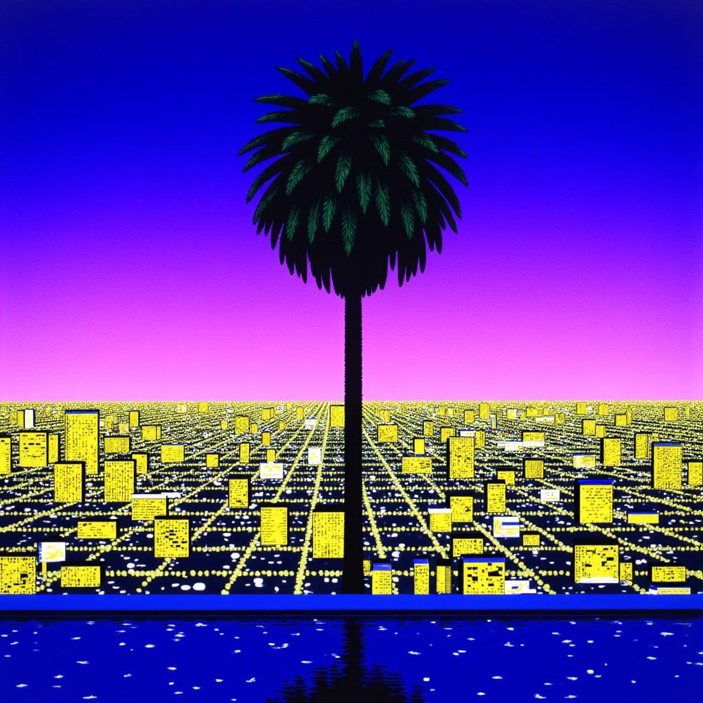 This is a digital illustration depicting a serene,  nighttime cityscape viewed from a high vantage point. The central focu...