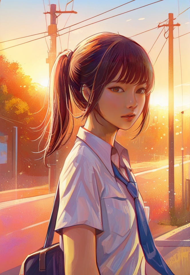 (best quality), ((masterpiece)), (highres), illustration, original, extremely detailed, <lora:少女梦绘卷:0.7>1girl, solo, shirt, wing collar, necktie, looking at viewer, power lines, utility pole, white shirt, collared shirt, outdoors, parted lips, ponytail, from side, short sleeves, upper body, brown hair, nose, brown eyes, looking to the side, breast pocket, pocket, school uniform, adjusting necktie, blue necktie, hand up, bag