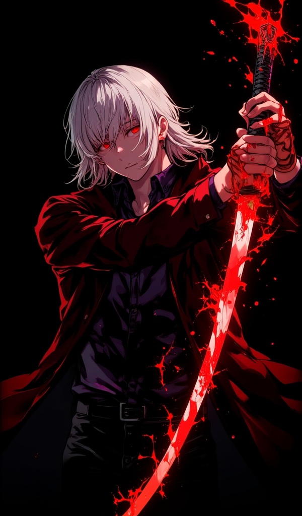 , Colorful  Crazy Colors  particle crushing effect  ccccci  black hair, fate (series), red eyes, 1boy, fate/grand order, weapon, male focus, black coat, holding, blood, coat, sword, blood on clothes, solo, glowing, sfw, black background, holding sword, holding weapon, glowing eyes, fgo, hair between eyes, bangs, white hair, long sleeves, looking at viewer, long hair, black sword, glowing sword, holding weapon over shoulder, male focus