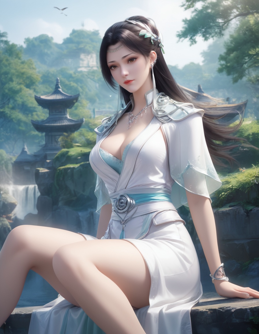score_9,score_8_up,score_7_up,score_6_up,score_5_up,score_4_up,1girl,long hair,breast,medium breasts,earrings,hair_ornament,dress,outdoors,thick_thighs,sitting,white_dress,game cg,highres,black hair,brown eyes,tiantai,<lora:wy_yunyun_zz_XL5.0:0.8>,