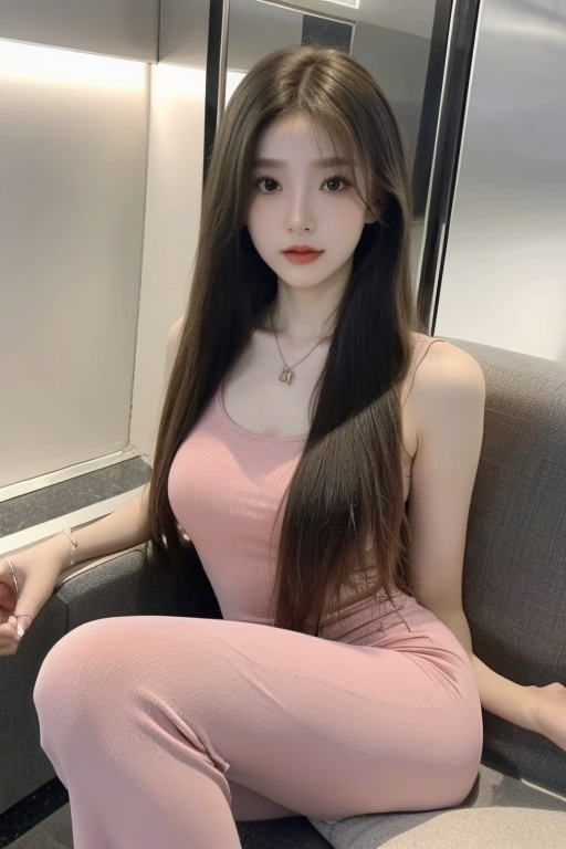 (best quality, masterpiece:1.3),1girl,jinyu.1girl,solo,big breasts,cleavage,narrow_waist,slender,pale_skin,long hair,straight_hair,(masks:1.1),(mouth_mask:1.2),print_cheongsam,color contact lenses,mole under eye,nail_art,sitting in the subway,portrait,(stud earrings:1.2),(front view:1.2),(looking_at_viewer:1.4),(eye-contact:1.4),pendant,necklace,(Yoga clothes:1.2),pink dress,sweater,dress,<lora:meinv45:0.6>,  <lora:YG图文涨粉美女:0.7>,