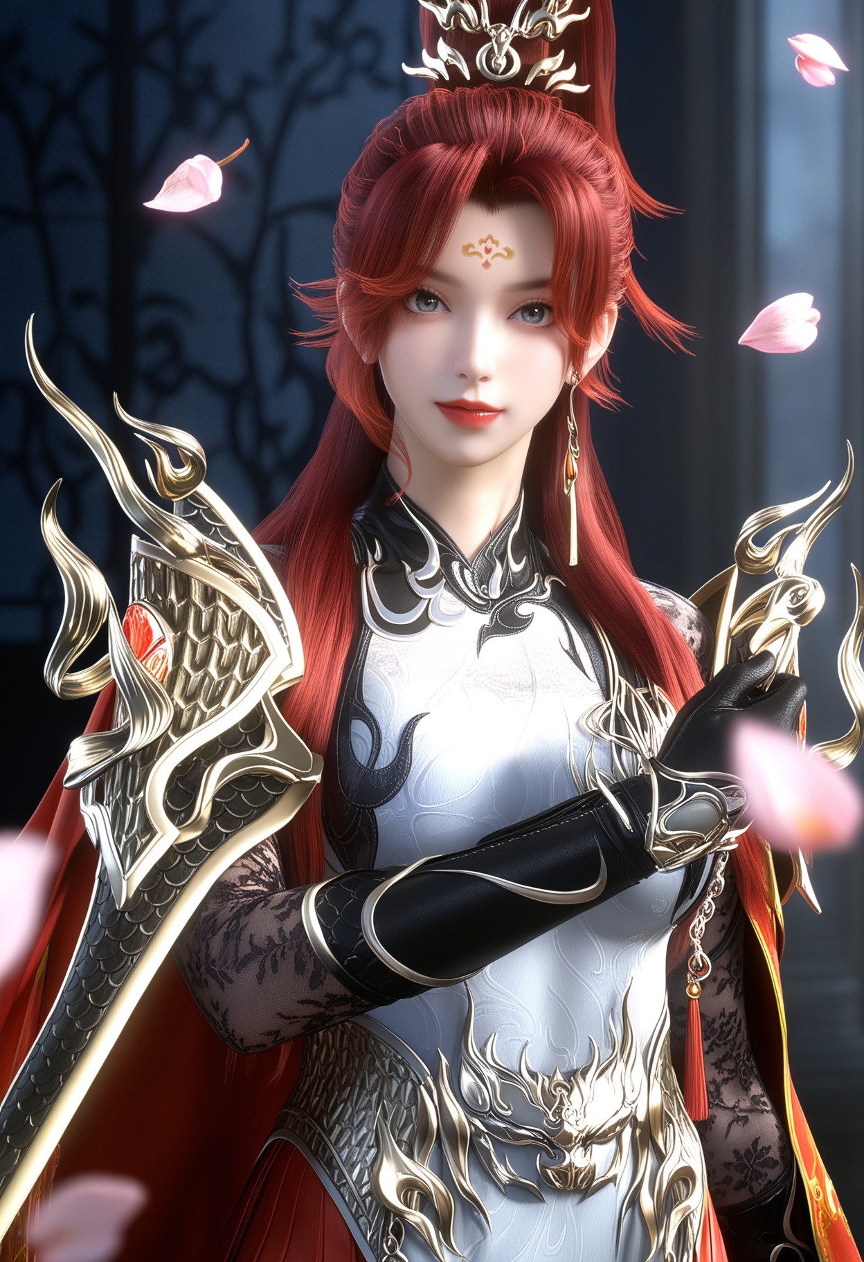 masterpiece,best quality,amazing quality,high resolution,ultra-detailed,absurdres,(looking at viewer:1.1),upper body,Dark room,moody lighting,peach blossom,falling petals BREAK large breasts,1girl,solo,long hair,red hair,jewelry,earrings,forehead mark,red lips,hair ornament,ponytail,armor,dress,chinese clothes,makeup,thighhighs,gloves,cape,blue eyes,shoulder armor,high ponytail,grey eyes,red cape,black thighhighs,thigh boots,boots BREAK photorealistic details,<lora:QQSillchiyanghuamingV1:0.8>,