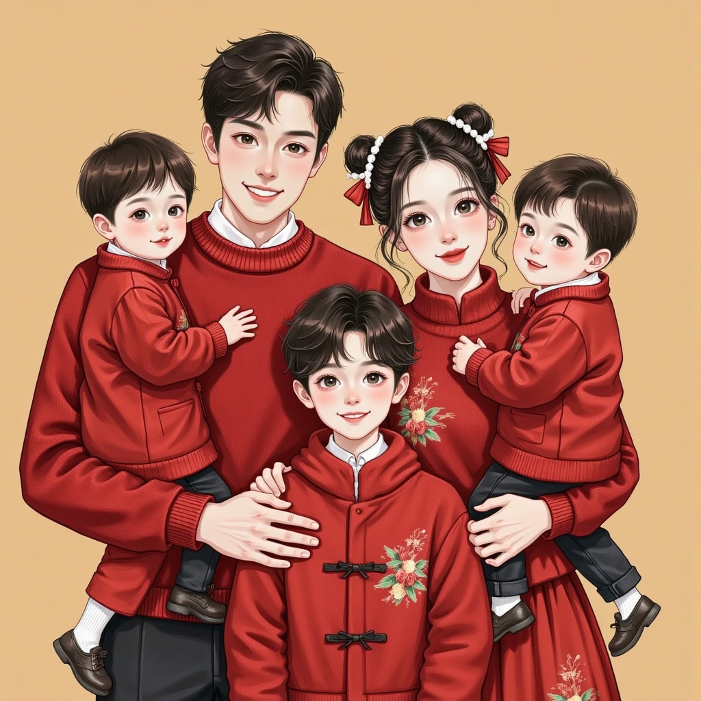 Warm family photo,father,mother and two sons,standing posture,wearing red festive clothes,mother tied a ball head,