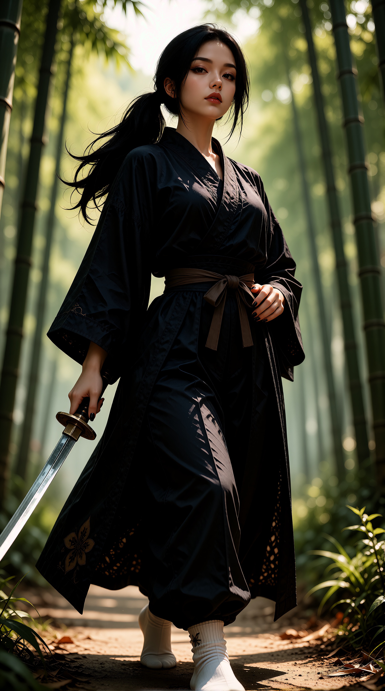 A photo realistic shoot from a low angle,  about a woman dressed in traditional Japanese clothing walking through a forest...
