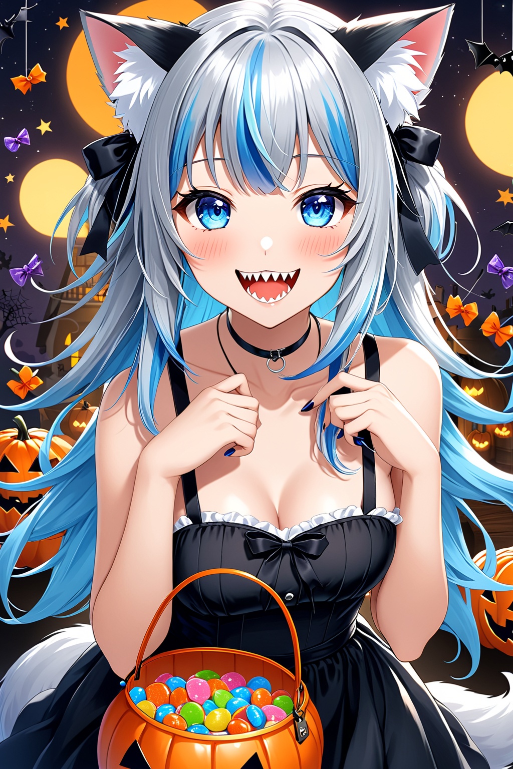 1girl,  solo,  long hair,  looking at viewer,  blush,  smile,  open mouth,  bangs,  blue eyes,  hair ornament,  dress,  animal ears,  bare shoulders,  blue hair,  collarbone,  grey hair,  multicolored hair,  food,  teeth,  sleeveless,  virtual youtuber,  cat ears,  signature,  bag,  nail polish,  black dress,  streaked hair,  animal ear fluff,  sleeveless dress,  blue dress,  eyepatch,  sharp teeth,  candy,  halloween,  halloween bucket,  gawr gura,