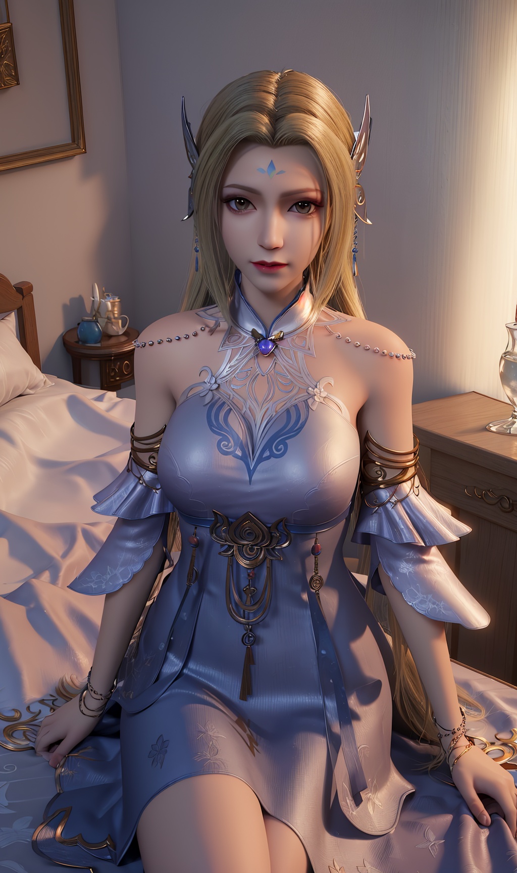 masterpiece,(best quality),3d,(makeup),official art, extremely detailed cg 8k wallpaper,((crystalstexture skin)), (extremely delicate and beautiful),highly detailed,1girl,solo,long hair,headwear,(sitting),(blonde_hair),((dress,skirt)),(chinese_clothes),((upper_body)), (breasts),((hair_ornament)),(sunshine, indoor,(bed)),((looking_at_viewer)),((Facing the camera)),(closed_mouth),, <lora:hipoly3DModelLora_v10:0.3> 