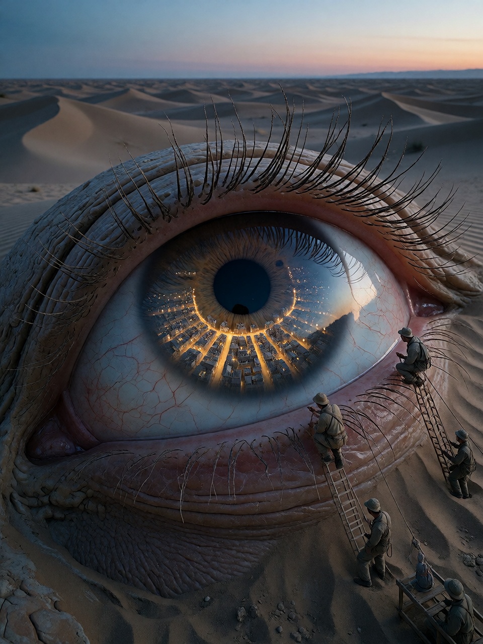 A vast desert photographed at blue hour where an enormous human eye lies half-buried in the sand like an ancient geologica...