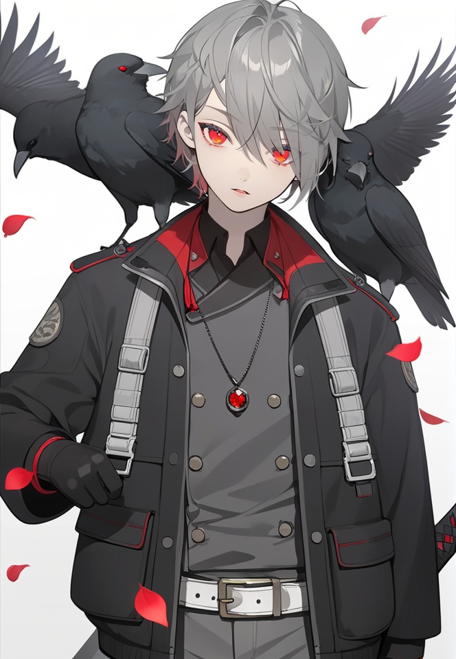 (best quality), ((masterpiece)), (highres), illustration, original, extremely detailed, <lora:淡彩の华美病娇:0.6>animal on shoulder, bird on shoulder, bird, red eyes, belt, weapon, sword, grey hair, crow, katana, 1boy, cowboy shot, jacket, male focus, shirt, jewelry, sheath, white background, petals, spot color, black jacket, sheathed, looking at viewer, solo, parted lips, bangs, animal, buttons, animal on arm, short hair, simple background, gradient, long sleeves, red pupils, black shirt, grey background, hair between eyes, gradient background, necklace, pants, androgynous