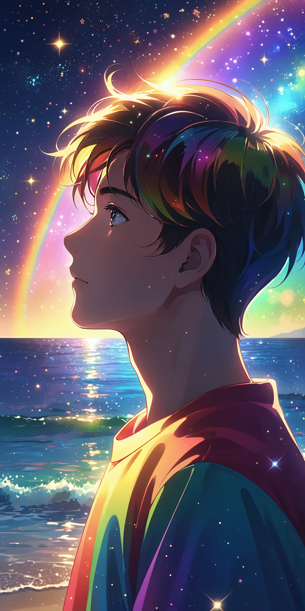 Best quality,masterpiece,1 boy, closeup, portrait, upper body, face from side, on the sea, under the starry sky, the sea reflects the starry sky, rainbow color light reflected on the boy's face, sparkling lights, magical atmosphere, pointillism, Silhouette view, Cosmic wonders, Mysterious and colorful, nebula light, cosmic light, galactic light, Astronomical view, Macroscopic perspective, perspective view, masterpiece, 