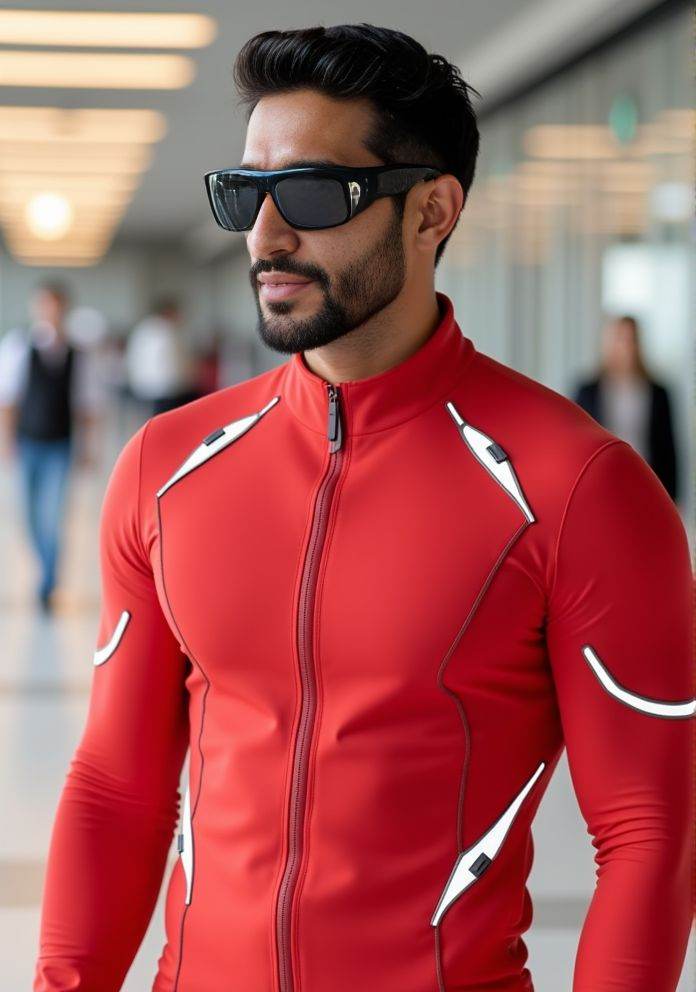 Harman Singha ,  Hi-res photo. He wears futuristic electronic glasses. He is wearing a light red,  close fitting flight su...