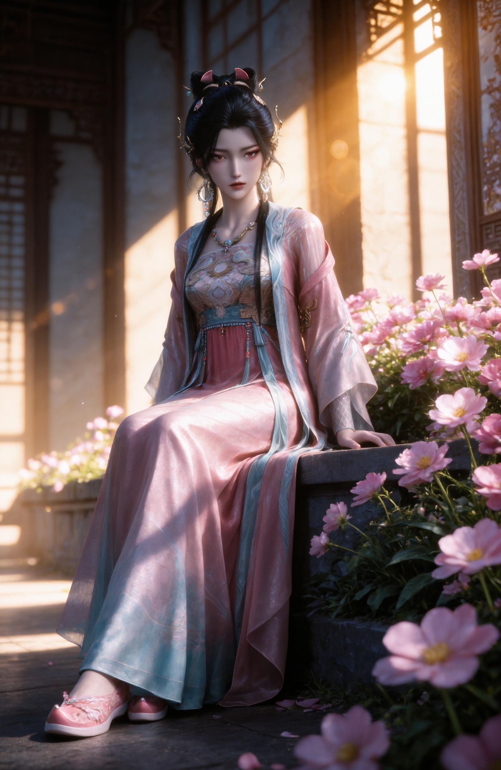 <lora:剑来2-稚圭IL:0.7> 1girl, black hair, long hair, necklace, hair bun, hair ornament, earrings, pink dress, chinese clothes, see-through, long sleeves,sash,pink footwear,, realistic style photo,outstanding style,Use soft lighting to cast gentle shadows on the subject,adding a touch of dimension to your images without compromising details,whirls of vapor,(Anime:1.1),soft neon light,ethereal ambiance,delicate details,magical atmosphere,concept art,highly detailed,ultra-high resolution,32K UHD,sharp focus,best-quality,masterpiece,golden hour,unconventional supreme masterpiece,masterful details,temperate atmosphere,with a high-end texture,in the style of fashion photography,magazine style,Dynamic Angle,Dynamic posture,magazine style,Dynamic Angle,Dynamic posture,(cowboy_shot:1.2),eye trail,depth of field,cinematic lighting,lens flare,close-up,extreme aesthetic,(wlop:0.6),(honjou raita,lack,rella,wanke:0.5),masterpiece,best quality,good quality,newest,year 2025,very aesthetic,absurdres,Visual impact,A shot with tension,ultra-high resolution,32K UHD,sharp focus,best-quality,masterpiece,Emotionalization,unconventional supreme masterpiece,masterful details,temperate atmosphere,with a high-end texture,in the style of fashion photography,(Visual impact:1.2),giving the poster a dynamic and visually striking appearance,, stairs,pink flower,bare legs,toes,barefoot,blurry,sitting,full body,