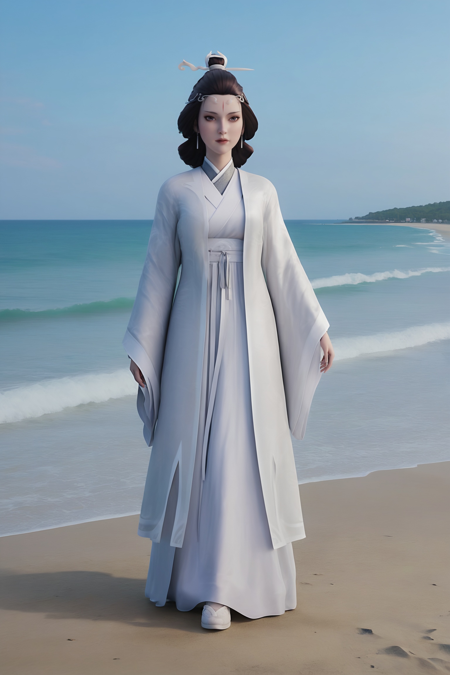 <lora:诛仙3-水月Pony:0.8>,1girl,traditional updo,flowing,two white,ornate hairpins,white headpiece,long,flowing white dress,intricate patterns,high collar,wide sleeves,loose sleeves,looking at viewer,chinese shoes,, standing,Seaside,beach,waves,full body,