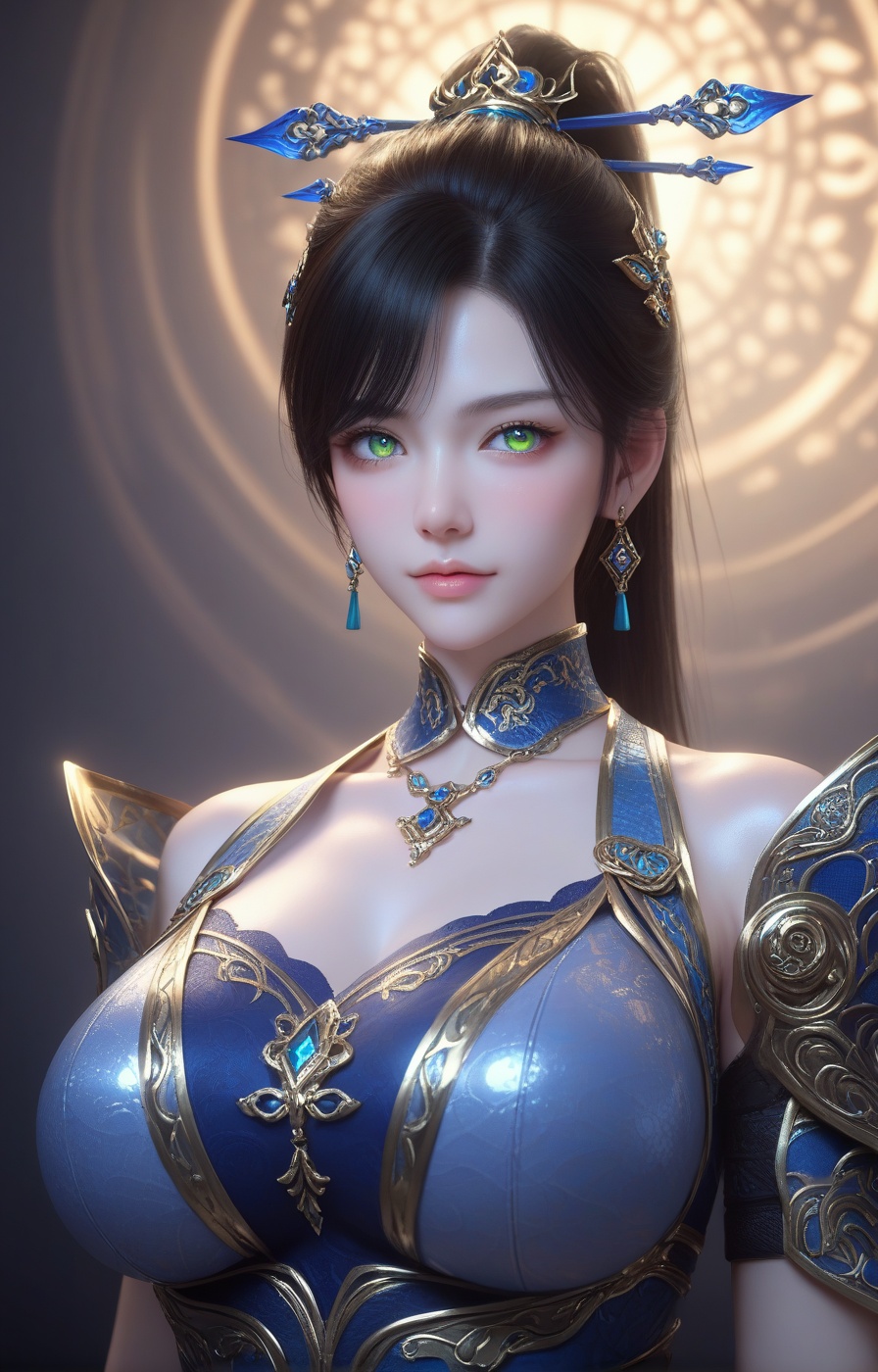 score_9,score_8_up,score_7_up,source_anime,<lora:qingxuan_qinglin_PONY:0.7>,1girl,solo,jewelry,earrings,black hair,green eyes,ponytail,looking at viewer,blush,(curvy:1.1),detailed eyes,jewelry,highly detailed,huge breasts,bright_pupils,dress,yellow eyes,blush,hair ornament,volumetric,dramatic lighting,(oil:1.1),(shiny_skin:1.2),ultra detailed 8k cg,ultra detailed background,extremely detailed eyes,full_shot,(pale_skin:1.1),(2.5D:1.4),rating_explicit,(realistic:1.2),perfect face,detailed face,sexy pose,supermodel,overall warm color,dol,innocence,mysterious,surreal,film grain texture,analog photography aesthetic,visual storytelling,dynamic composition,delicate details,highly detailed,concept art,extremely detailed,amazing quality,masterpiece,ultra-high resolution,32K UHD,sharp focus,best-quality,golden hour,with a high-end texture,unconventional supreme masterpiece,masterful details,temperate atmosphere,in the style of fashion photography,high detailed  skin,(detailed skin:1.1),nice hands,highly detailed,Skindentation,skin depression,highly detailed,masterpiece,<lora:Add_more_details_V2_XLpony:0.6>,dramatic lighting,detailxl,(lace_panties:1.2),(portrait:1.4),blue clothes,(armor:1.1),