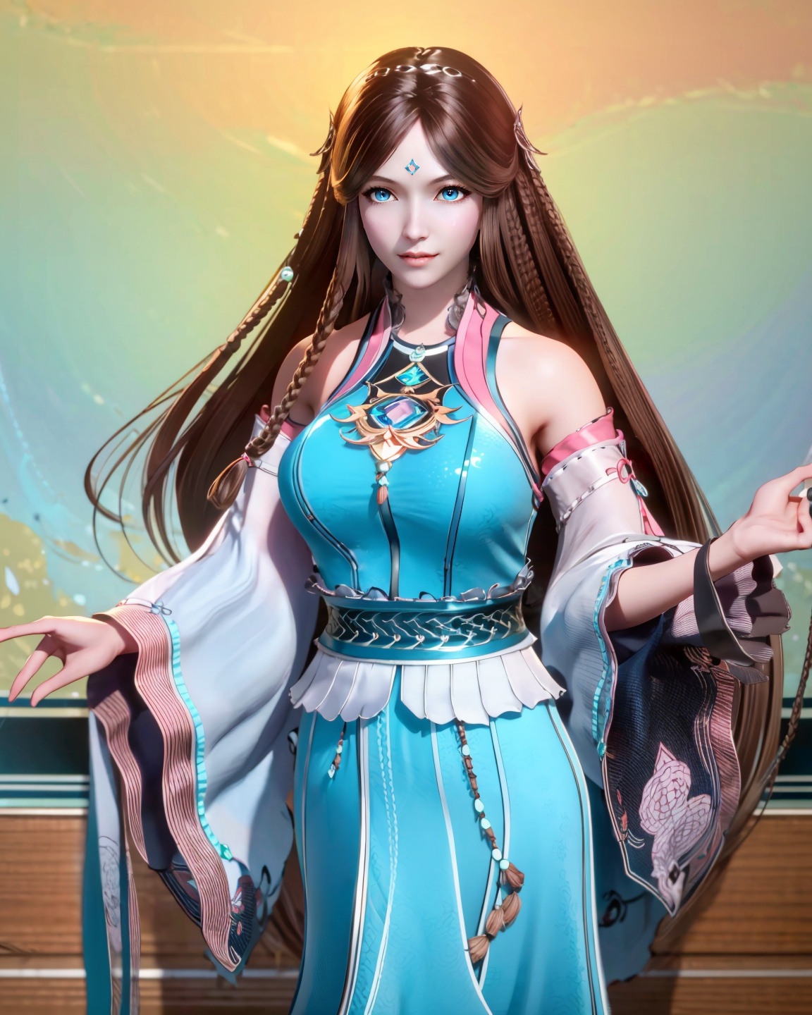 <lora:宁荣荣14LORA:1>,ningrongrong,1 girl,solo,long hair,blue eyes,brown hair,braid,miko,fishnets,, masterpiece, best quality, masterpiece, best quality