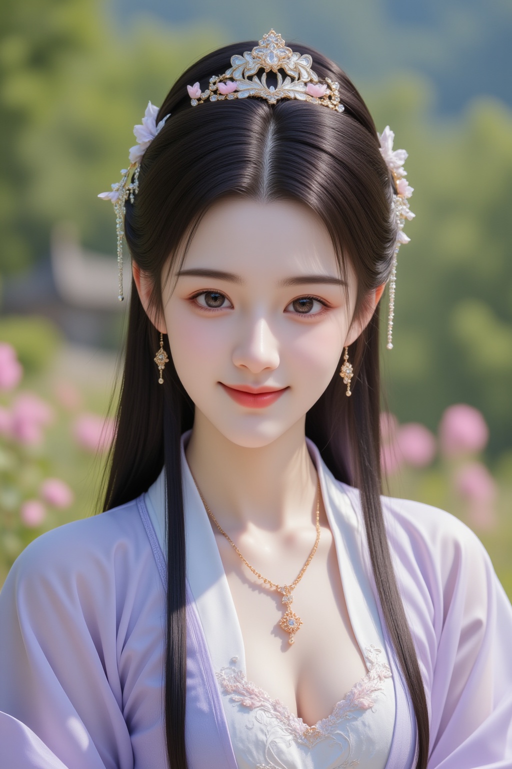 cinematic photo 1girl, jewelry, long hair, solo, smirk, closed mouth, black hair, brown eyes, looking at viewer, upper body, purple hanfu, outdoors, flowers