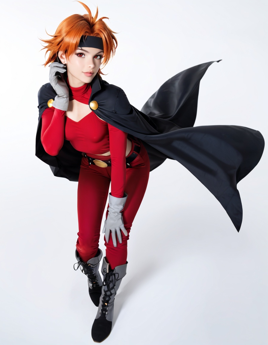 score_9,score_8_up,score_7_up,score_6_up,score_5_up,score_4_up,1girl,black cape,black headband,boots,breasts,cape,commission,cowlick,gloves,grey boots,grey gloves,hair intakes,headband,highres,leaning forward,lina inverse,looking at viewer,orange hair,pants,red eyes,red pants,red shirt,ribosoma 42,shirt,simple background,slayers,small breasts,solo,thinking,white background,