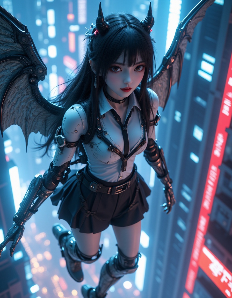 Ultra-realistic Japanese high school girl (JK), cute and slightly sexy, wearing a stylish modified school uniform, fierce demon-like expression, part-cybernetic body, with high-tech mechanical wings and advanced sci-fi weapons attached to her arms and back, glowing mechanical parts, realistic skin textures, flying high above a futuristic cyberpunk city at night, surrounded by neon lights, illuminated skyscrapers, light reflections on glass buildings, cinematic lighting, highly detailed, sharp focus, 8K resolution, photorealism, epic and dramatic atmosphere"