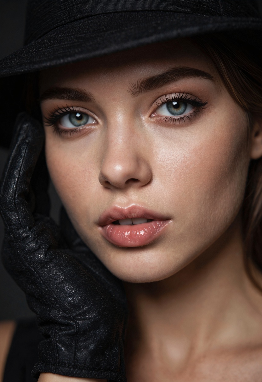 The image is a close-up portrait of a woman's face. She is wearing a black hat and a black glove on her left hand. The wom...