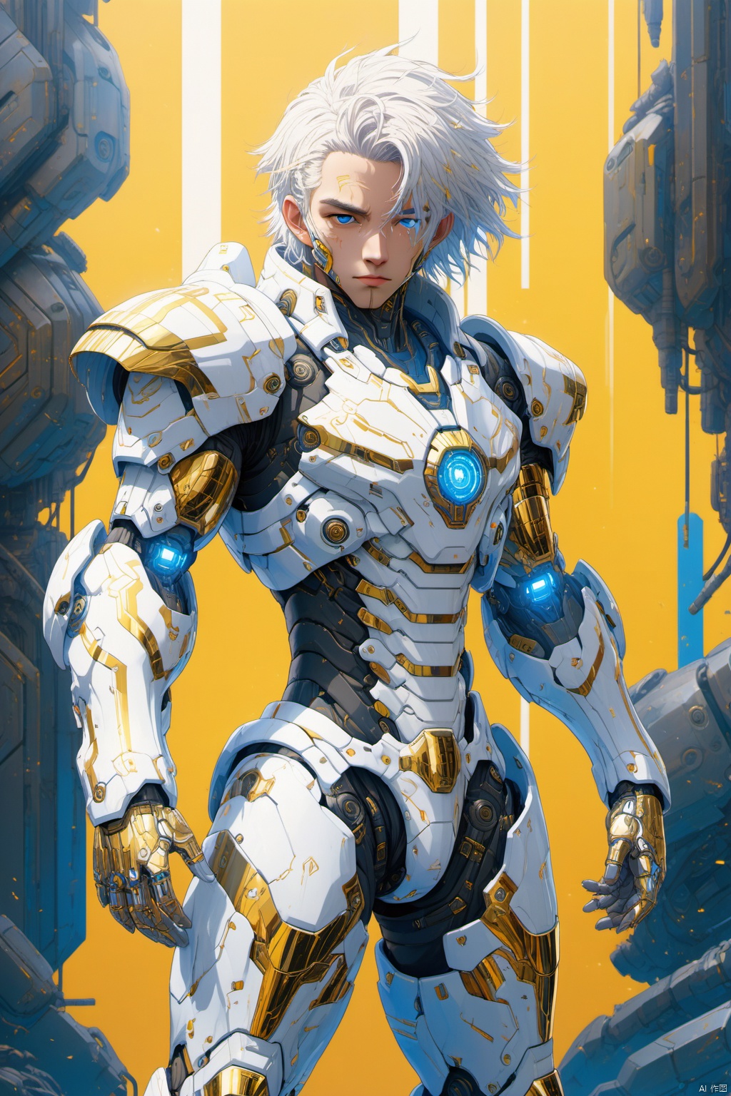 Pretty boy, sunny outgoing, white hair, future battle suit, gold plated, electroplated paint, future mechanical armor, sci-fi background Cyberpunk, 3D, anime style, blue stripes, full body<lora:EMS-94469-EMS:0.800000>, <lora:EMS-263250-EMS:0.100000>