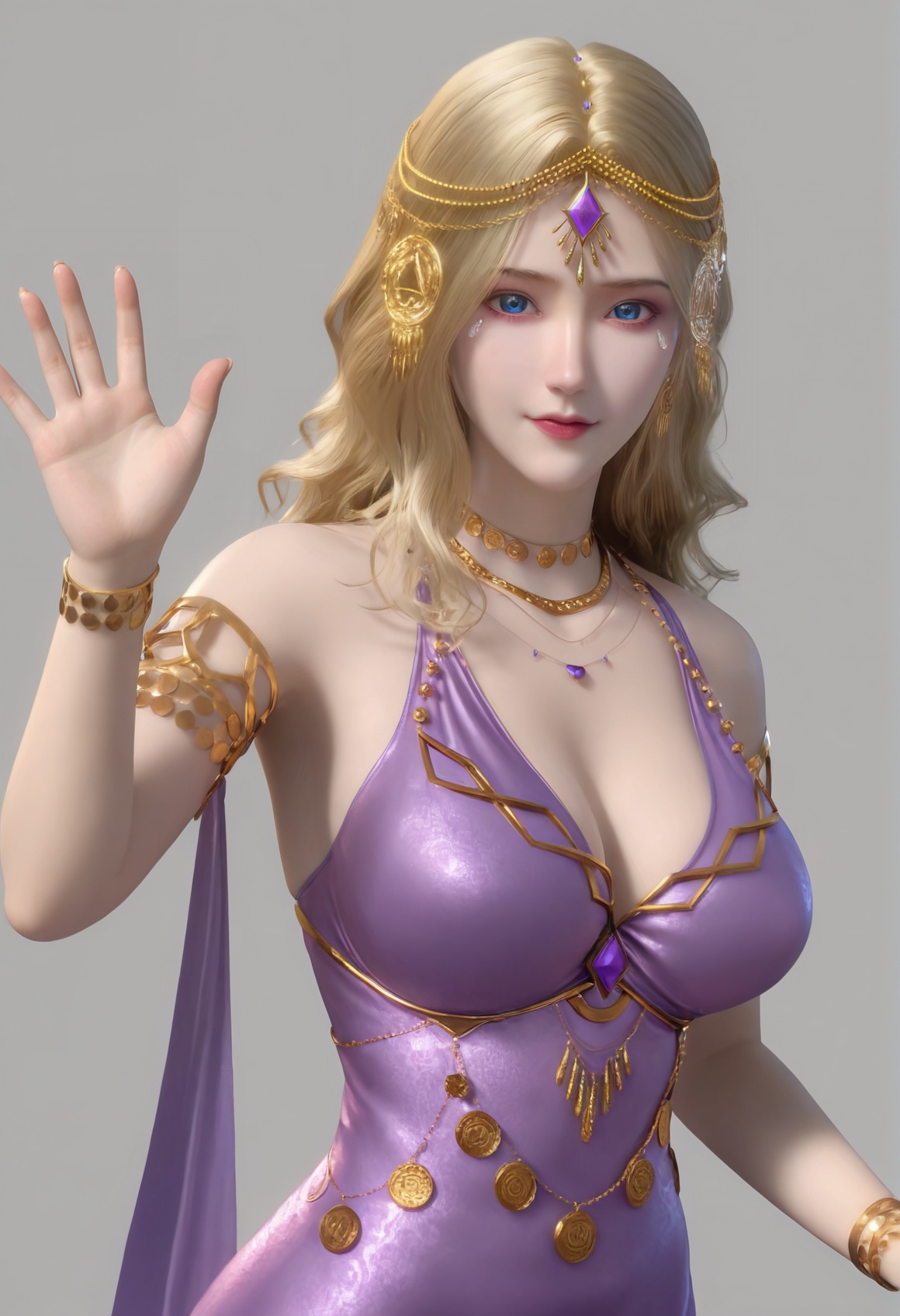 (score_9),<lora:卡丹1-Apony:0.85>,kardan,(mature_female),solo,blonde hair,long hair,hair ornament,jewelry,necklace,forehead jewel,head chain,gem,armlet,bracelet,purple dress,<lora:perfect eyes_v1:1>,blue eyes,looking at viewer,front view,light blush,bright pupils,<lora:Expressive_H-000001:0.8>,(waving:1.1),outstretched_arm,reaching,collarbone,pointy breasts,puffy breasts,large breasts,narrow waist,simple background,grey background,<lora:皮肤凹痕:1.2>,