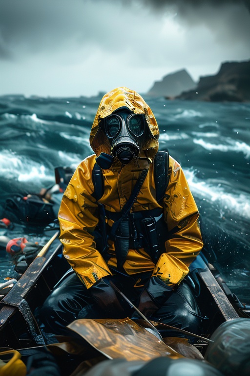 still life , High resolution movie lighting, surreal detail photography, Movie style, Doomsday, outdoors, water, sky, cloud, ocean, black gloves, hood, mask, cloudy sky, gas mask, watercraft, rain, hood up