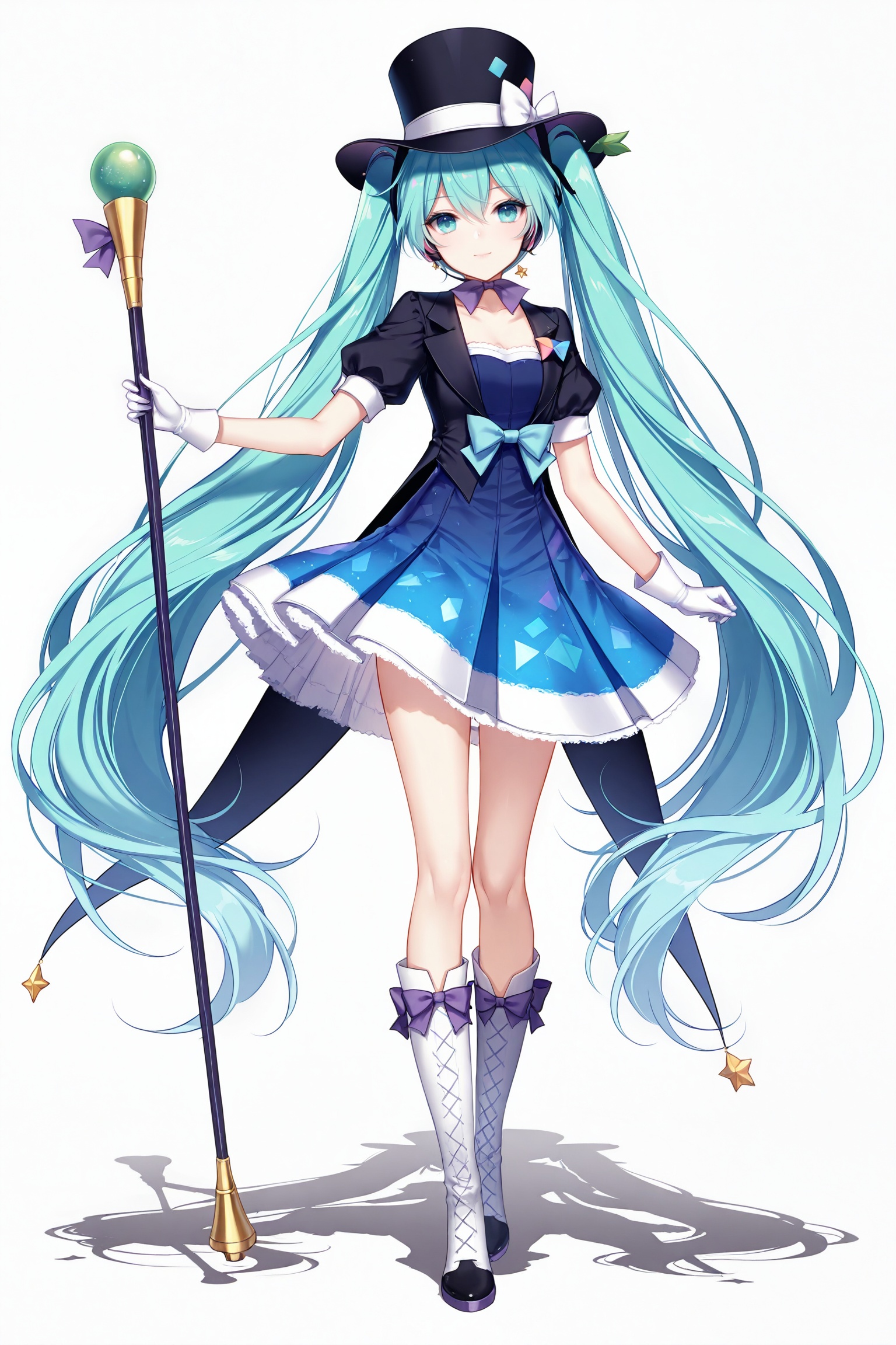 masterpiece,best quality,newest,absurdres,highres,soft shadows,photorealistic,(bison cangshu:0.5),(hiten \(hitenkei\):0.4),(rimuu:0.5),(mignon:0.5),(sheya:0.6),<lora:MMM2013XLNAI:1>,magical mirai miku \(2013\),top hat,gloves,puffy sleeve,black shirt,blue dress,knee boots,standing,full body,