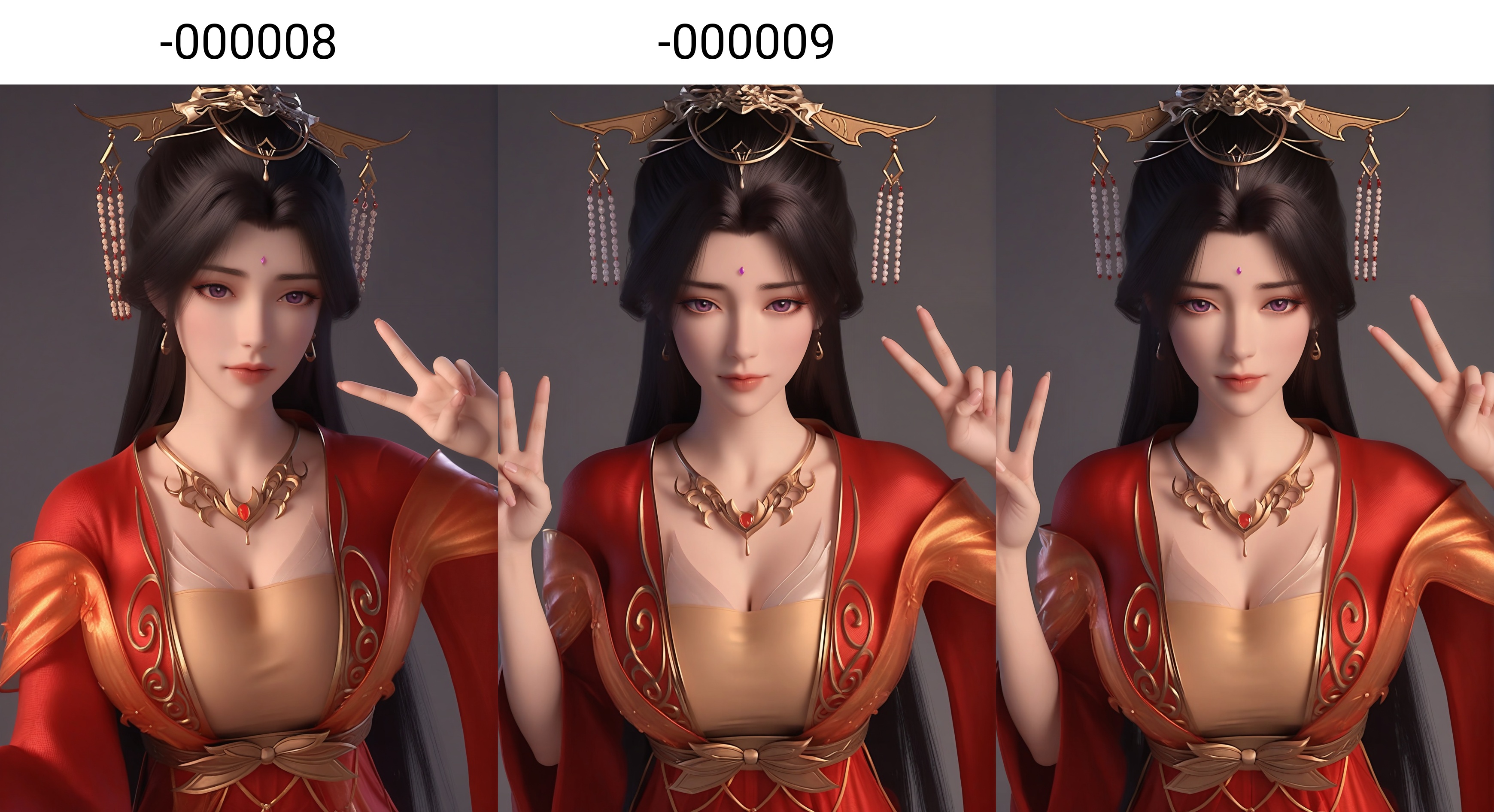 (score_9),upper body,<lora:红月婵-apony-000008:0.85>,yuechanm,1girl,solo,hair ornament,jewelry,long hair,forehead jewel,earrings,tiara,necklace,hair bun,black hair,purple eyes,red dress,shoulder ribbon,belt,long dress,cleavage,(glamor),curvy,mature_female,collarbone,pointy breasts,puffy breasts,(large teardrop breasts),teardrop breasts,BREAK<lora:Expressive_H-000001:0.8>,light blush,Expressiveh,looking at viewer,selfie,(double v),closed mouth,<lora:e肤色滑块:0.35>,fair_skin,((pale skin)),(white_skin),ultra-detailed skin texture,detailed textures,<lora:皮肤凹痕:1.2>,BREAK<lora:e色温:-0.35>,simple background,grey background,Tyndall effect,available light,depth of field,lens_flare,4K ultra HD,sharp focus,high detail,high contrast,