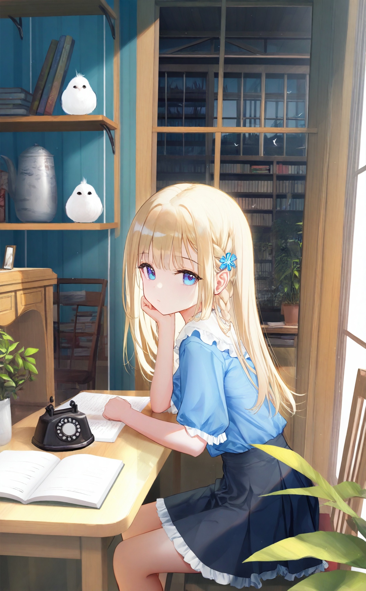 masterpiece,best quality,high quality(,loli:2),jima,torino_aqua,miwabe_sakura,(wlop:0.8),ciloranko,iumu,ask_\(askzy\),bison_cangshu,yunsang,ningen_mame,sho_\(sho_lwlw\),rhasta,(deyui:0.4),chen_bin,gujianshaonu,turisasu,nekojira,omone_hokoma_agm,loli, 1girl, sitting, window, skirt, indoors, mouse, book, long hair, bird, shirt, blue eyes, solo, black skirt, blue shirt, short sleeves, bookshelf, blonde hair, braid, flower, frills, hair ornament, book stack, animal, table, puffy sleeves, puffy short sleeves, desk, looking at viewer, chair, closed mouth, from side, ribbon, english text, frilled skirt, rotary phone, frilled shirt, potted plant