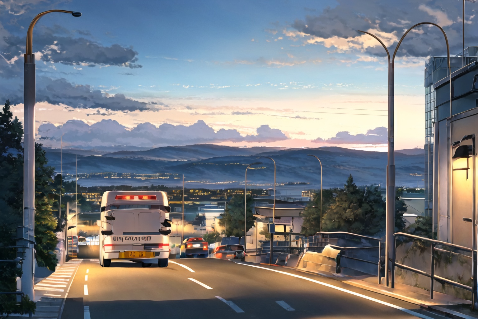 dream, New Haicheng Animation Style, outdoors, sky, cloud, no humans, night, cloudy sky, ground vehicle, building, scenery, motor vehicle, sunset, mountain, city, car, road, lamppost, street, mountainous horizon, guard rail