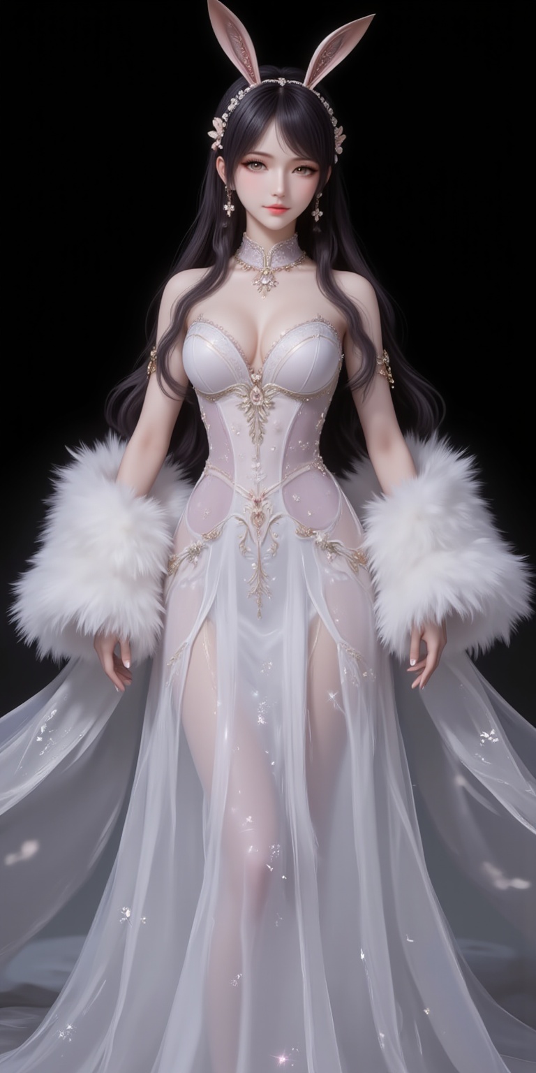 <lora:婚纱1·人物百搭款6:1.1>,hunsha,1girl,dress,solo,breasts,fur shawl,white dress,cleavage,bare shoulders,medium breasts,indoors,standing,strapless dress,sparkle,black_background,simple background,cover,gradient background,close-up details,outstanding style,adding a touch of dimension to your images without compromising details,close-up,<lora:DJ滤镜_2.5D版:0.3>,lvjing,<lora:油画唯美滤镜15:0.2>,baoshi,<lora:江楠楠·衣服百搭款6:1.1>,jiangnannan,black hair,long hair,wavy hair,very long hair,brown eyes,fair_skin,rabbit ears headwear,