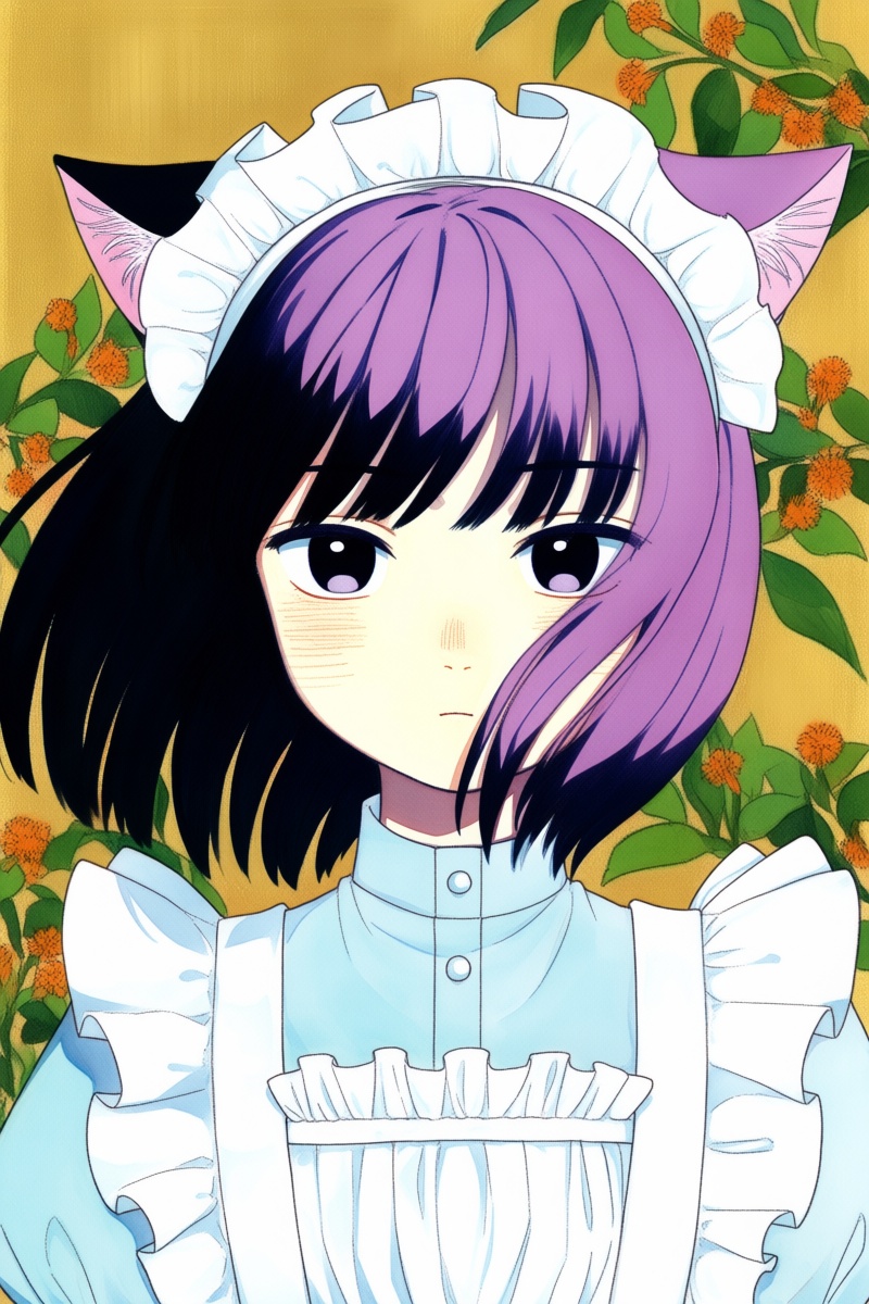 @nnsst,  The image depicts a young girl with cat ears,  wearing a white frilled maid headdress and a pale blue dress with...