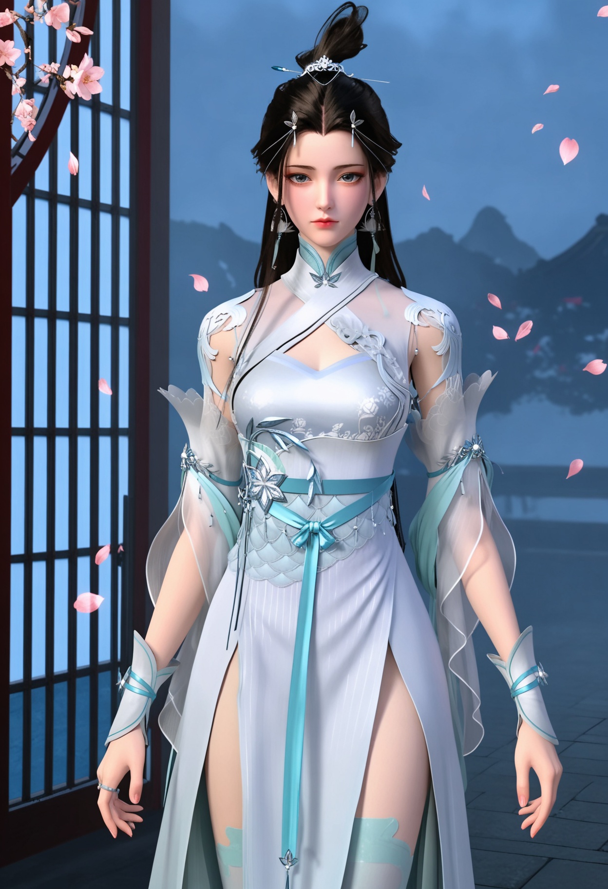 (cowboy shot:1.2),(looking at viewer:1.1),masterpiece,(best quality),smog,Dark room,dim lighting,peach blossom,falling petals,<lora:YQ_Illustrious光辉v5_萧轻雪_V1:0.8>,q1528437228,solo,1girl,long hair,dress,black hair,jewelry,white dress,earrings,hair ornament,chinese clothes,hair bun,forehead mark,sash,brown hair,thighhighs,single hair bun,china dress,white thighhighs,long sleeves,detached sleeves,side slit,gloves,hair rings,