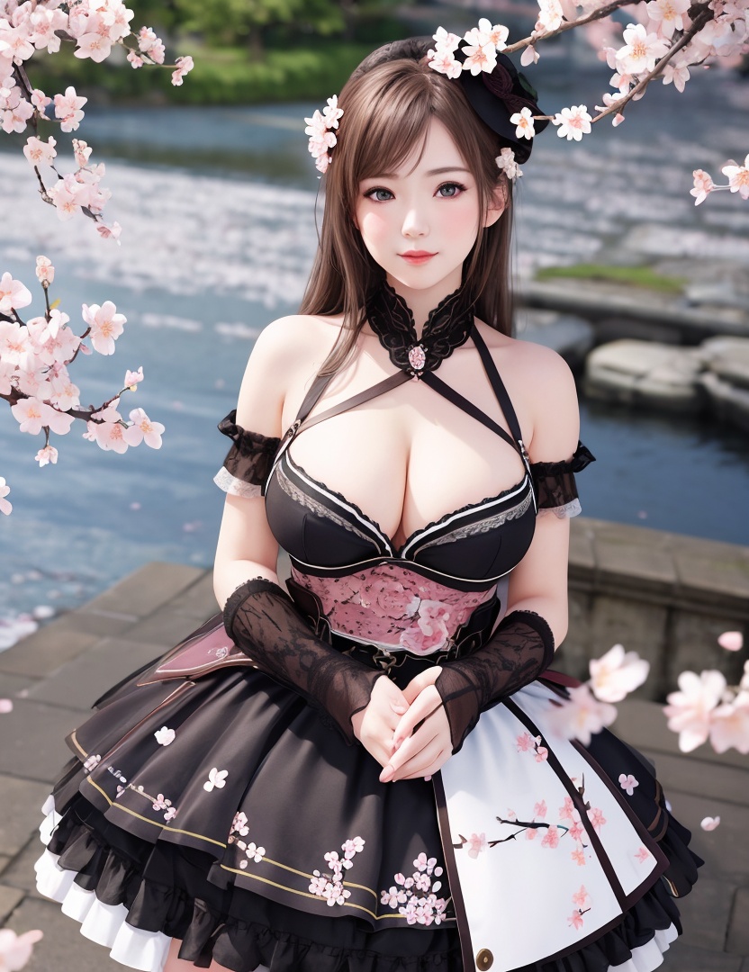 realistic, masterpiece, (,1girl, pov,best quality, ) , (,1girl, solo, large breasts, looking at viewer, cherry blossoms, )  <lora:Amy202010Halloween:0.6>