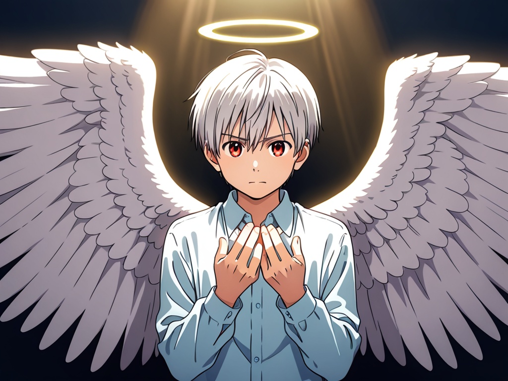 <lora:Gawain_XL:1>,male focus,1boy,angel,angel wings,6wings,teenager,petite,silver hair,red eyes,perfect hands,(5fingers:1.3),correct anatomy,huge filesize,available light,background light,Volumetric Lighting,full_shot,
